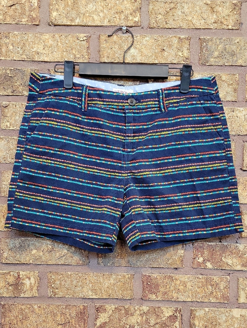 Merona Navy Multicolor Striped Women’s Flat-Front Shorts Size 6 Cotton Casual